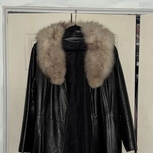 Black Leather Trench Coat with Fur Collar